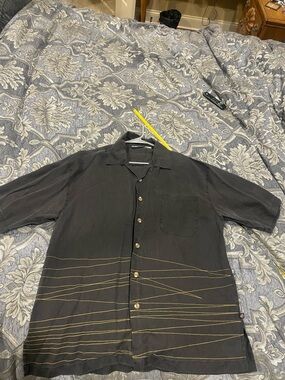 Men's Black Short-Sleeve Button Shirt with Gold Stitch Detail